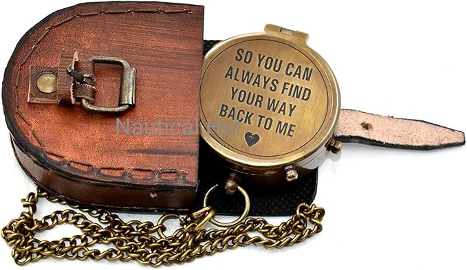 “So You Can Always Find Your Way Back Home” Engraved Brass Compass With Premium Leather Case & Chain - Brass Pocket Compass - Personalized Compass Gift For Hiking,Husband, Him, Her,Son, Graduation Day