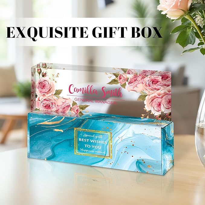 Ship Next Day Personalized Name Plate for Desk, Custom Acrylic Desk Name Sign, Office Appreciation Gifts for Women Men Coworkers Boss Teacher Employee (Pink Rose)