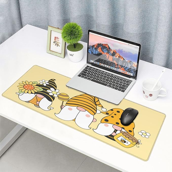 Famame Laptop Mouse Pad Cute Sunflower Bee Gnomes Desk Mat with Stitched Edges 31.5X 11.8 inch Non-Slip Large Keyboard Rubber Writing Table Mat for Office Home
