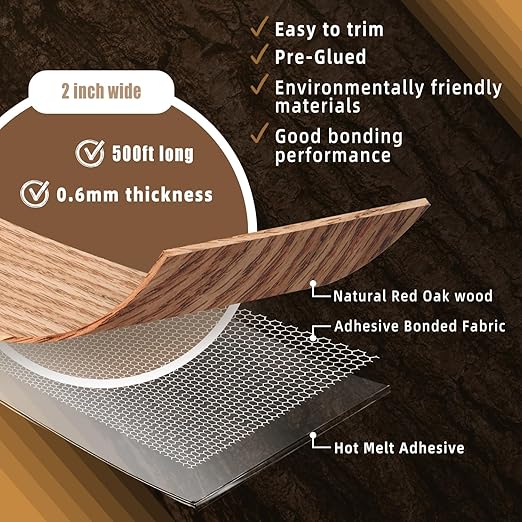 GSCIT Club Red Oak Edge Banding, 2 inch x 500ft roll of Veneer Edge Banding Preglued Flexible, Wood Tape Banding for Cabinet Repair