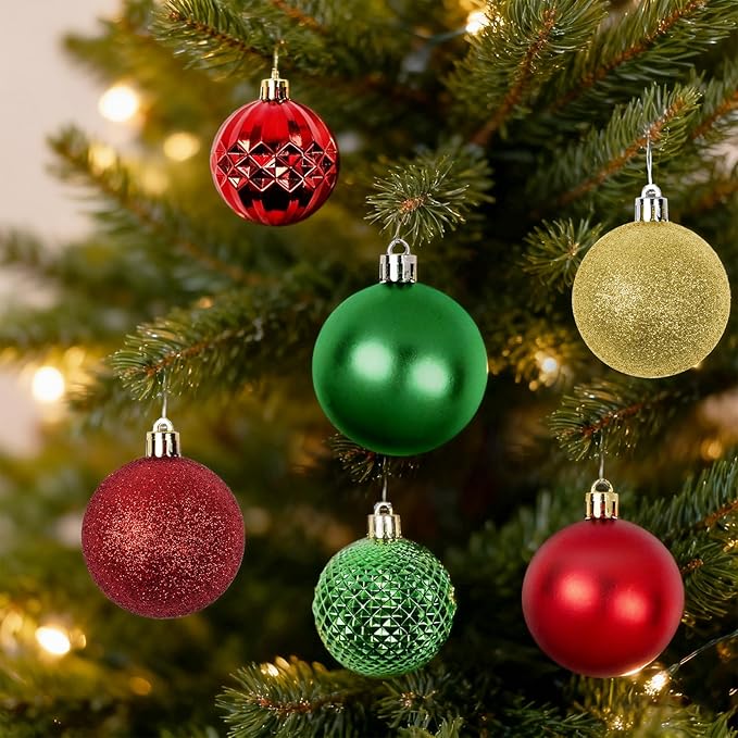 Christmas Tree Decorations Ornament Set, 60ct 2.36 Inches Red Green and Gold Shatterproof Christmas Ball Ornaments, Hanging Ball for Xmas Holiday Wedding Party Decor