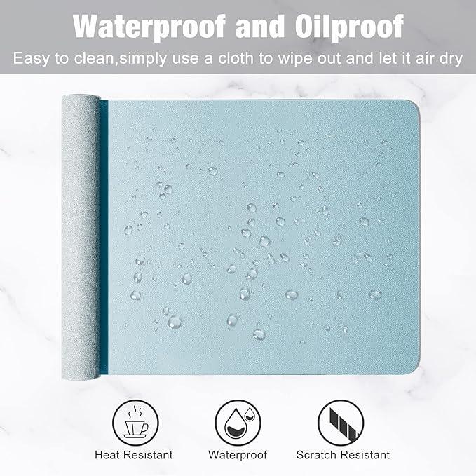 Hsurbtra Desk Pad, 23.6" x 13.8" PU Leather Desk Mat, M Extended Mouse Pad, Waterproof Desktop Blotter Protector, Non-Slip Ultra Thin Small Laptop Keyboard Writing Mat for Office Home, Lake Blue