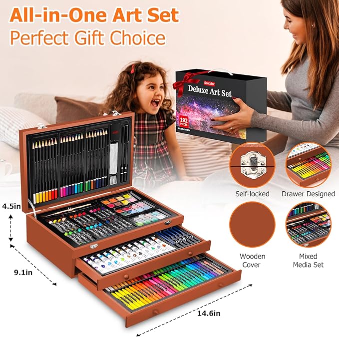 Soucolor Arts and Crafts for Kids Ages 8-12, 192-Pack Deluxe Art Set Coloring Drawing Painting Supplies Art Kit with Acrylic Pad, Watercolor Pad, Sketch Book, Canvases, Acrylic Paint, Crayons, Pencils