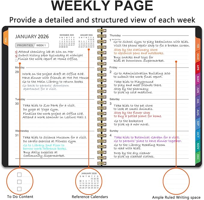2026 Planner Weekly and Monthly, 2026 Academic Year (January 2026 - December 2026) Calendar wirh Tabs, Agenda Book for School Student, Teachers, Office Supplies,Home, 6" x 8.5" (Black JAN2026-DEC2026)