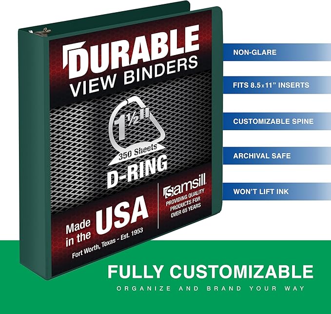 Samsill Durable 1.5 Inch Binder, Made in The USA, D Ring Binder, Customizable Clear View Cover, Green, Holds 350 Pages