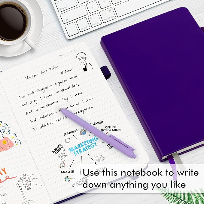 feela 3 Pack Notebooks Journals Bulk, Hardcover Notebook Classic Ruled Lined Journal Set with Pen Holder for Work Business Journaling Note Taking, with 3 Black Pens, 120 GSM, 5.1”x8.3”, A5, Purple