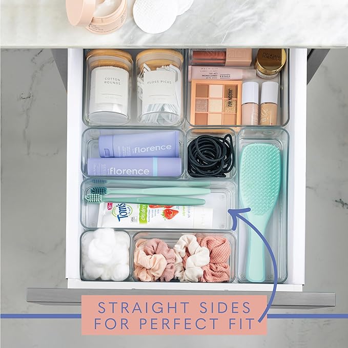 Eight Piecs. Plastic Clear Drawer Organizers for Bathroom, Kitchen, Bedroom, Office Organizer Bins, Storage Trays. Heavy Duty, Stackable 4 Sizes