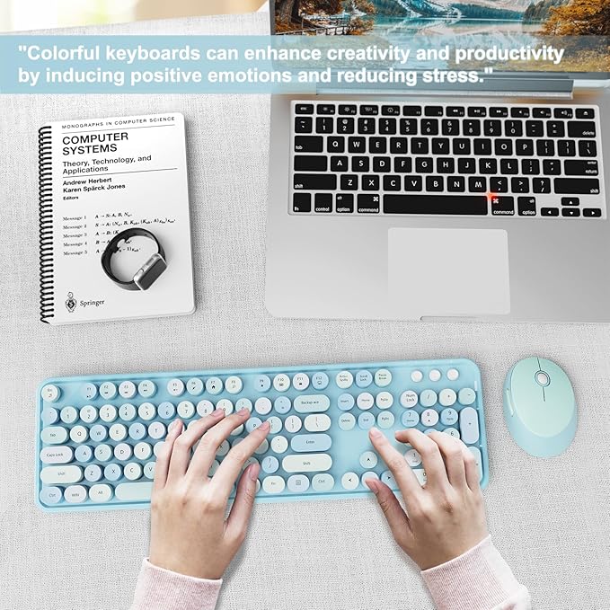 Wireless Keyboard and Mouse Combo, Ergonomic Full Size Typewriter Retro Round Keycaps Keyboard, Compatible with Windows, PC, Perfer for Home and Office Keyboards (Blue