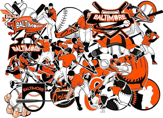 30 PCS Baltimore American Orioles Vinyl Baseball Stickers for Water Bottle, Laptop, Bicycle, Computer, Motorcycle, Travel Case, Car Decal Decoration Sticker Graffiti Decals