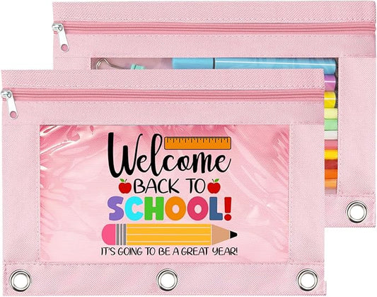 Zippered Pencil Pouch Cute for 3 Ring Binder, Welcome Back To School Clear Pen Pencil Case Bag Pink 2 Pack