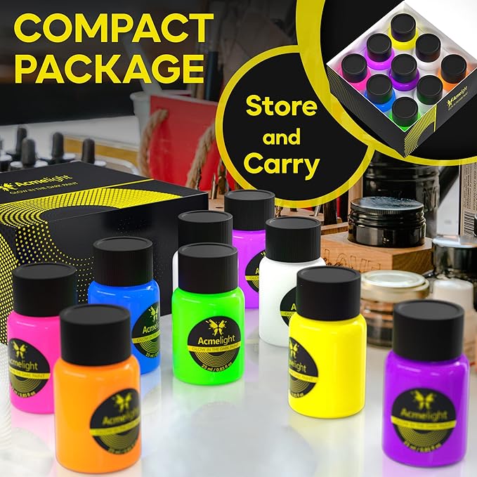 Glow in the Dark Acrylic Paint Set - 9 Neon Fluorescent Colors for Canvas, Wood & Stone - Blacklight Reactive - Cool Art Supplies Gift for Artists & Adults