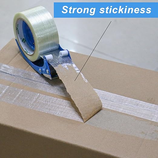 BOMEI PACK Strapping Tape 2Inch with Dispenser, Heavy Duty Fiberglass Reinforced Packing Tape with String for Moving and Shipping, 4Rolls x 5.5Mil x 35Yds, Total 140Yds