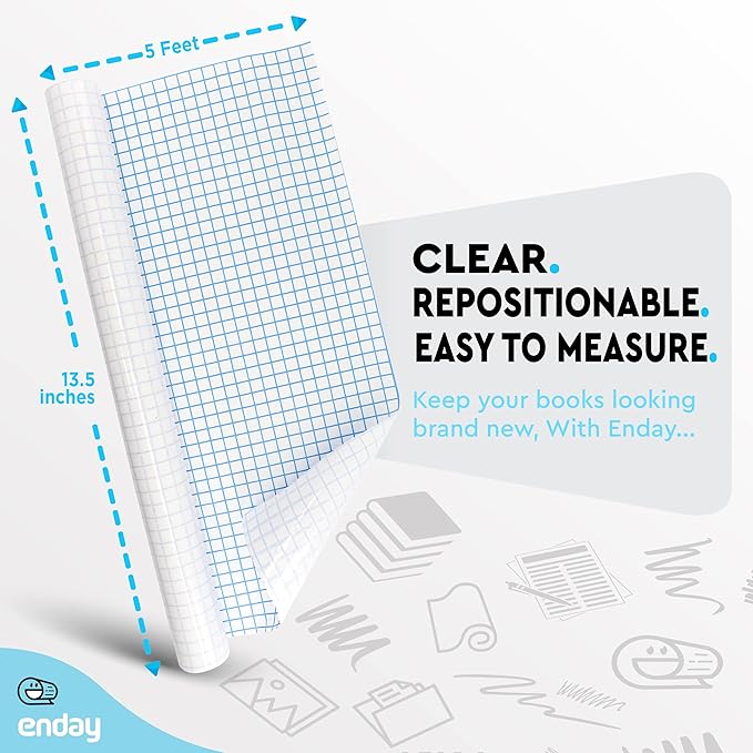 Clear Contact Paper, 13.5” x 5-Feet, Transparent Self Adhesive Book and Textbook Covers for Paperbacks and Hard Covers, Plastic Protective Covering Contact Paper Roll, Acid Free, 2 Rolls – by Enday