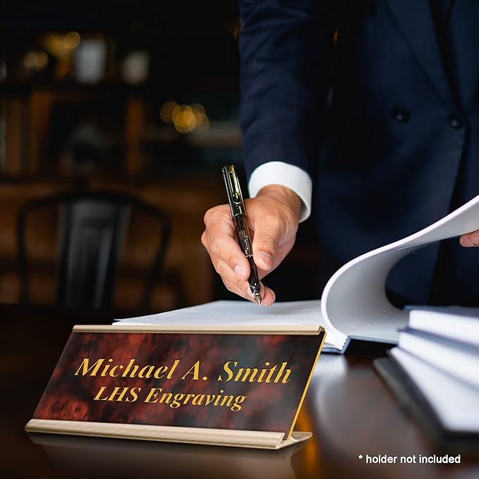 Engraved Name Plates for Door Sign Personalized Burlwood Plastic Plaque with Gold Letters - Made in USA 2x8 N2