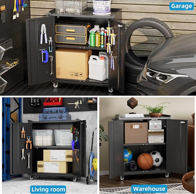 Aobabo 34.3" H Garage Storage Cabinet with Wheels,Lockable Metal Storage Cabinet with 2 Doors for Garage Home Office Storage,Black,Assembly Required