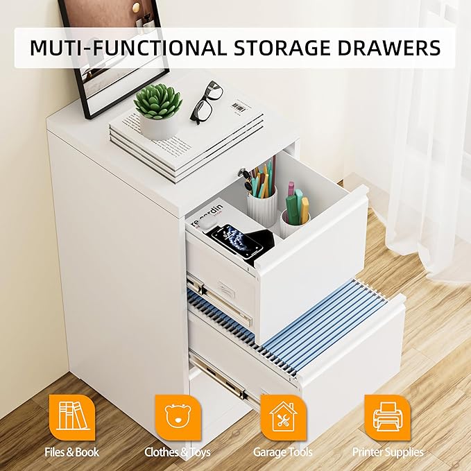 INTERGREAT 3 Drawer File Cabinet, White Metal Filing Cabinet with Lock, Locking Tall File Cabinets with 4 Adjustable Hanging Frame for Home Office