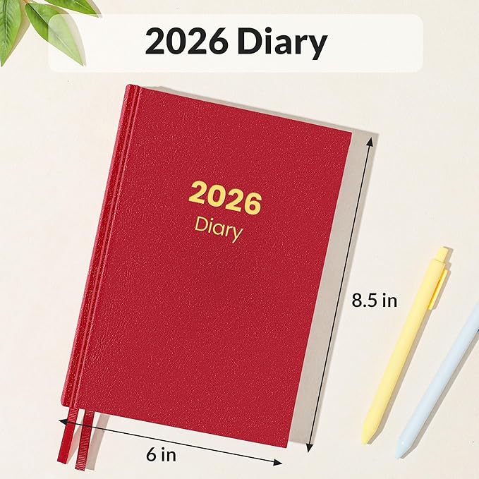 SUNEE 2026 Diary Journal Hardcover - Daily Planner Organizer for Work & School - Daily Page Layout with Holidays, Notes, Contacts - Agenda for Women & Men, Red