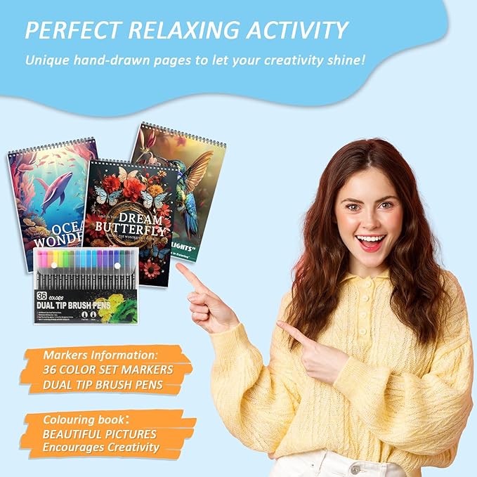 3Pcs Adult Coloring Book for Women Relaxation, 36 Colors Markers with Spiral Bound Adult Coloring Book for Women, 36 Dual Tip Colors Markers, Anxiety Relief Mindfulness Gifts(Ocean & Bird & Butterfly)