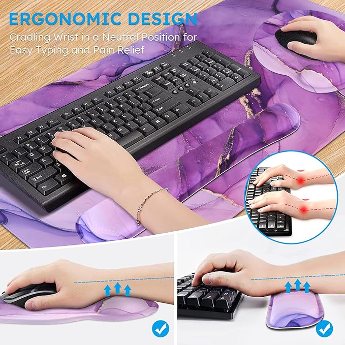 iCasso Purple Ergonomic Large Mouse Pad with Wrist Support, 4in1 XXL Desk Mat Set- Keyboard Wrist Rest + Mouse Wrist Rest + Coaster, Marble Style Desk Pad Mousepad