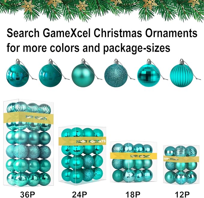 Teal 1.6" Small Christmas Balls Christmas Tree Decoration Ornaments Shatterproof Hanging Balls for Birthday Halloween Holiday Wedding Decorations Set of 12pcs