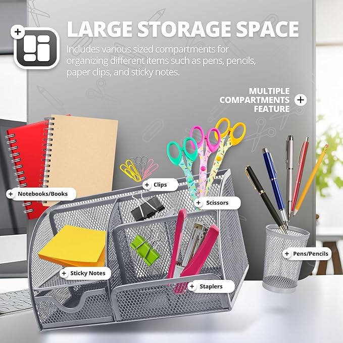 Flexzion Desk Caddy Organizer Set (Silver Gray) - Metal Mesh Desktop Caddy with Drawers, 6 Compartments, and Pencil Holder for Women & Men - Desktop Organizer and Storage for Work or Office Supplies