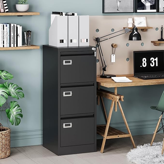 Letaya 3 Drawer File Cabinet with Lock,Metal Office Filing Cabinets for Home Office- Storage A4/F4/Letter/Legal -Assembly Required (Black)