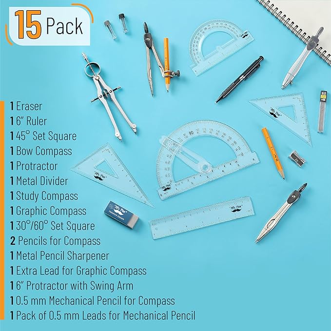 Mr. Pen Geometry Set with 6 Inch Swing Arm Protractor, Divider, Set Squares, Ruler, Compasses and Protractor, 15 Piece Set, Back to School Supplies