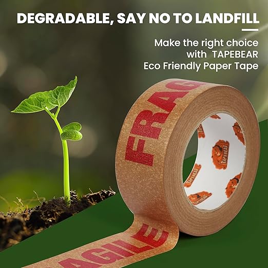 TAPEBEAR Fragile Tape Eco-Friendly Kraft Paper Tape 2Inch x 55Yard, Biodegradable Packaging Brown Paper Tape Self Adhesive Box Tape for Small Business, Shipping, Sealing, Moving, 6Rolls