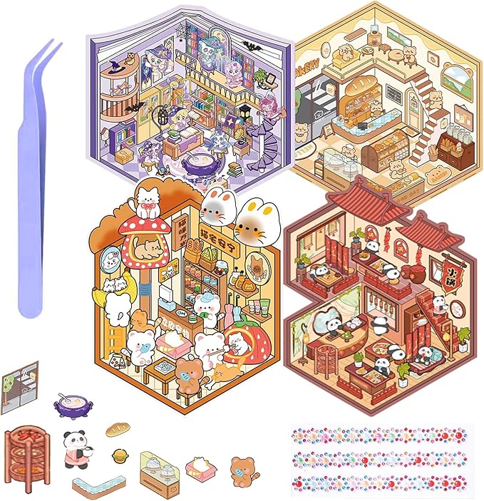 selgratwin DIY 3D Sticker Scenes for Adults Kids Reusable Cute Scene Stickers with Tweezer and Gem Stickers DIY Fun Mini Shops,playgrounds,Dream Houses Sticker Therapy Relief Stress ﻿Pass The time