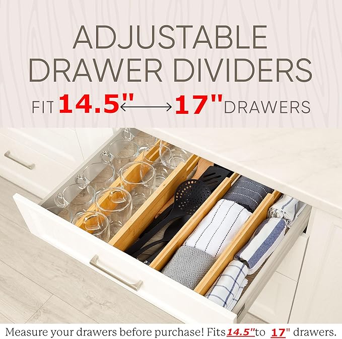 Night Tree Expandable Bamboo Drawer Dividers – Spring-Loaded Wooden Organizers for Clothes, Kitchen Utensils, Bathroom, and Dresser Drawers (14.5" to 16.5")