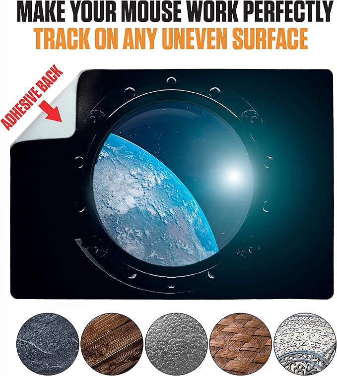 Mouse Pad Adhesive Bottom - Sticks to Any Surface - Portable - Webcam Covers and Screen Cleaner Included (Space Window)