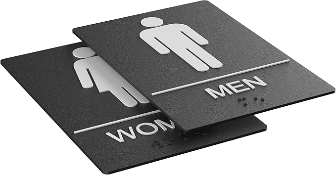 Bathroom Signs, Restroom Sign For Business - For Men and Women - 9" by 6" - ADA Compliant with Braille - Strong Double-Sided Adhesives Included - Apply to Office, Home, Public Door/Wall