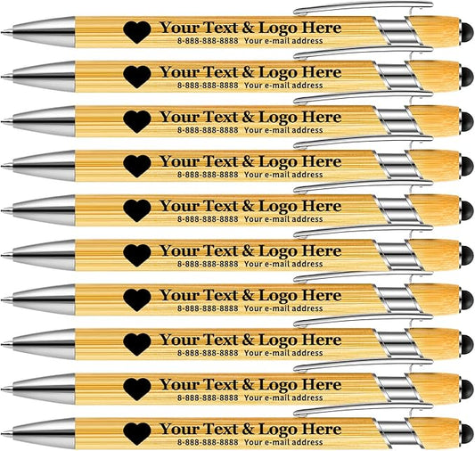 Personalized Pen Bamboo Pen with Stylus -Customizable Text Logo Name Ballpoint Pens with Black Ink-Personalized Gift Ideas for Office School Business Home(10 Count/Pack)