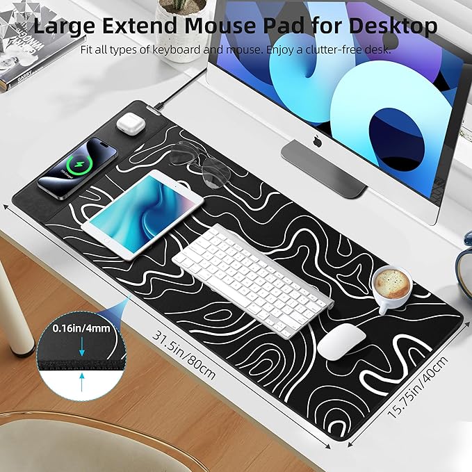 Mouse Pad with Wireless Charging, Gaming Mouse Pad with Ultra-Smooth Surface, Large XXL Desk Mat, Non-Slip Mouse Mat, Waterproof Computer Keyboard Pad for Gaming, Desk, Office, PC, 800x400x4MM, Black