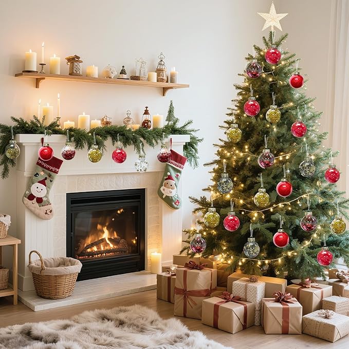 DeckTheHalls Christmas Ball Ornaments Set, 32-Piece Clear Plastic Decor for Crafts, Reusable DIY Festive Tree Decorations, Easy Hang Unbreakable Ornaments for Holiday, Party, Wedding (Red & Gold)