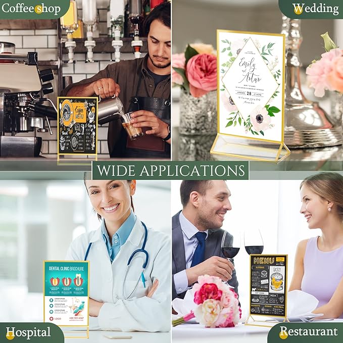 Hoteam 18 Pack Clear Acrylic Double Sided Frames Display Holder Gold Frames Acrylic Signs with Stand 2mm Gold Border for Wedding Restaurant Office Home Store Numbers Signs (5 x 7 Inch, Vertical)