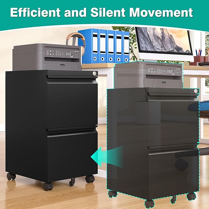 SISESOL Assembled 2 Drawer File Cabinet on Wheels,Metal Filing Cabinet with Lock,Black Rolling File Cabinets,Under Desk Office Cabinets for Home Office,Fit A4/Letter/Legal,Pre-Assembled Except Caster