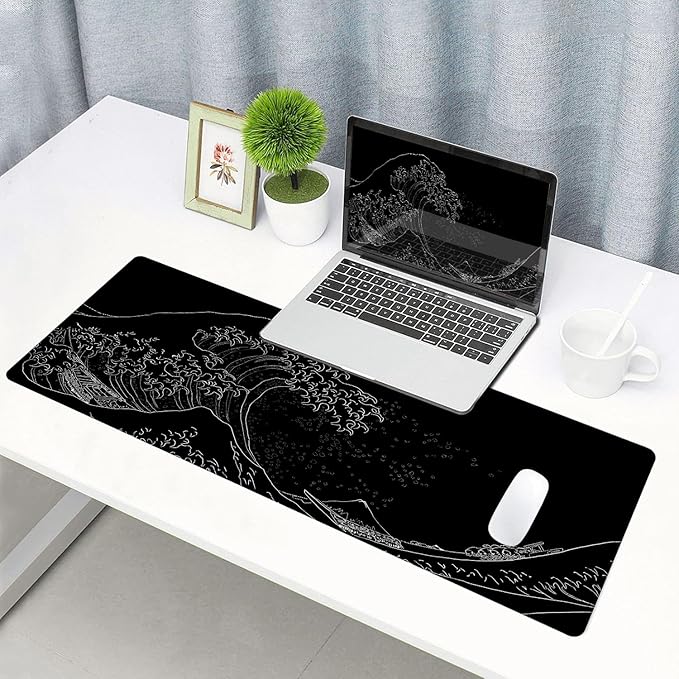 Gaming Mouse Pad, Large Mouse Pads for Desk, Non-Slip Rubber Base Mousepad, Keyboard Mouse Mat, Desk Pad with Stitched Edges, 31.5x11.8inch, The Great Wave Off Kanagawa