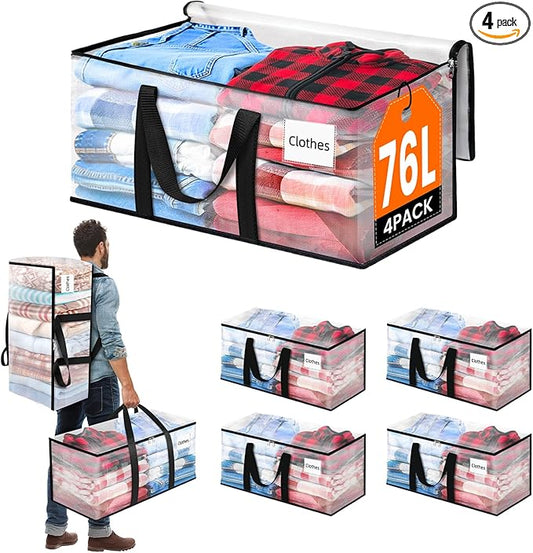 BlissTotes 4-Pack Large Moving Bags with Backpack Straps & Strong Zippers, Heavy-Duty Storage Bags Moving Boxes for Space Saving, Dorms, Transport, 76L-20 Gallons, Clear