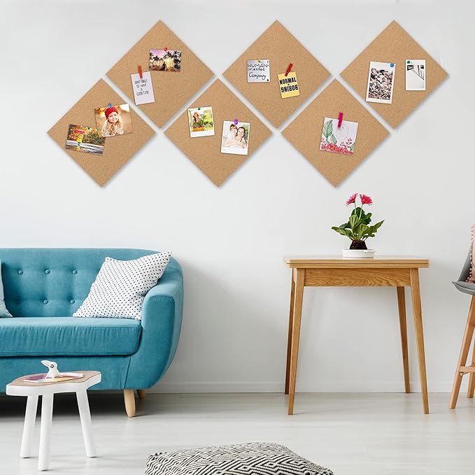 AKTOP Cork Board Bulletin Board 12x12, 1/2" Thick Cork Board Tiles 12 Pack, Small Square Pin Board for Wall, Self Adhesive Corkboards with 120 Push Pin Wood Clips for School, Home & Office