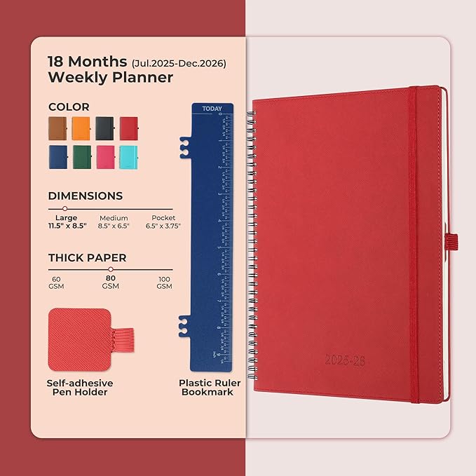 Planner 2025-2026 Daily Weekly and Monthly,11.5"x8.5",18 Months Spiral Bound Calendar Agenda with Self-adhesive Pen Holder,2026 Academic Plan with Vegan Leather Soft Cover,Red