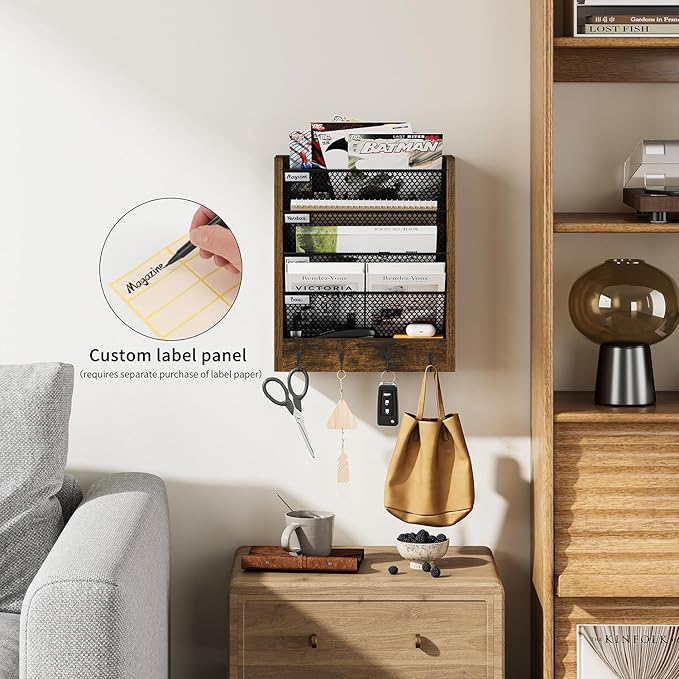 Wall File Organizer with 4 Hooks,5 Tier Vertical Hanging Wall Mount File Holder,Desk File Organizer,Desktop Mail Paper Folder Holder Rack with Bottom Tray for Office and Home