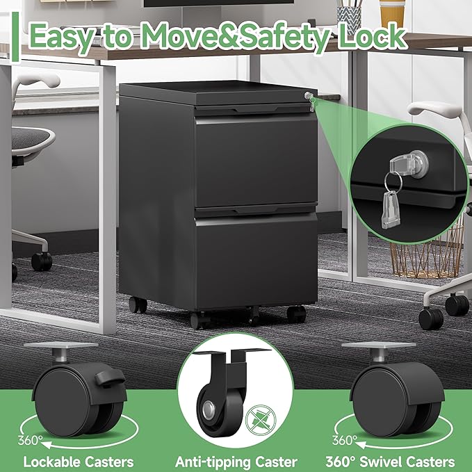 2 Drawer Mobile File Cabinet with Lock,Under Desk Metal Filing Cabinets with Wheels for Home Office Organizer Letters/Legal/A4(Easy Assemble-Black)