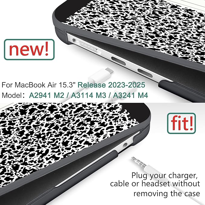 DONGKE Compatible with M4 MacBook Air 15 inch Case 2025 2024 2023 A3241 A3114 A2941 M3 M2 Liquid Retina Display Touch ID, Plastic Hard Case & Keyboard Skin & Screen Protector - Composition Book