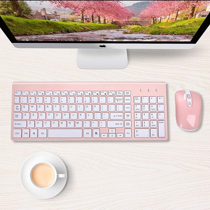 cimetech Wireless Keyboard and Mouse Combo, Compact Full Size Wireless Keyboard and Mouse Set 2.4G Ultra-Thin Sleek Design for Windows, Computer, Desktop, PC, Notebook, Laptop - Pink