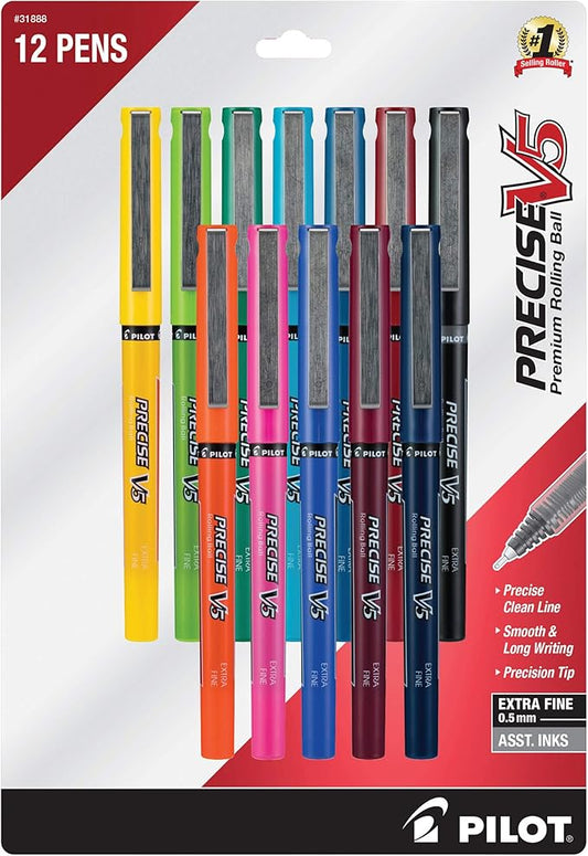 Pilot, Precise V5, Capped Liquid Ink Rolling Ball Pens, Extra Fine Point 0.5 mm, Assorted Colors, Pack of 12