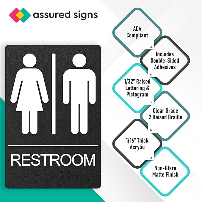 Unisex Bathroom Signs, Restroom Sign For Business - For Men and Women - 9" by 6" - ADA Compliant with Braille - Strong Double-Sided Adhesives Included - Apply to Office, Home, Public Door/Wall
