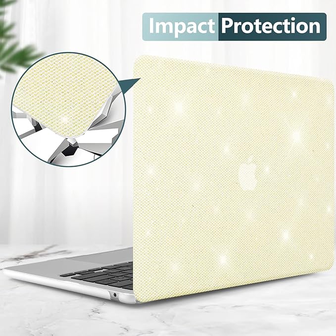 KEROM Bling Glitter Case for MacBook Air 13 inch 2022-2018 M1 A2337 A2179 A1932, MacBook Air M1 Case, Luxury Bedazzled Shiny Sparkle PU Leather Hard Shell & Keyboard Cover for Mac Air 13 M1, Yellow