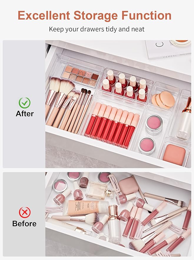 SMARTAKE 16-Piece Drawer Organizer with Non-Slip Silicone Pads, 5-Size Desk Storage Tray for Makeup, Jewelries, Utensils in Bedroom Dresser, Office and Kitchen, Clear