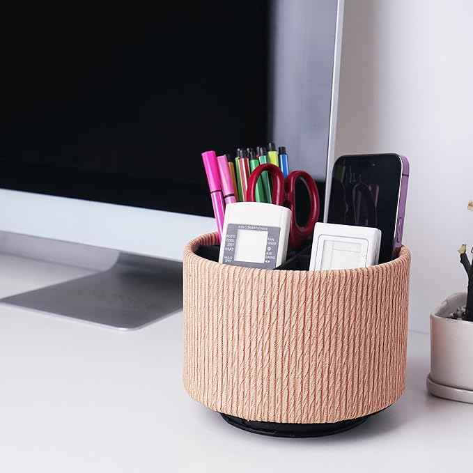 Hennaja Round Leather Art Supply Organizer,Remote Control Holder,360 Degree Spinning,Multi-Functional Pencil Holder,4 Compartments Desktop Stationary Organizer(1-Wood Apricot)